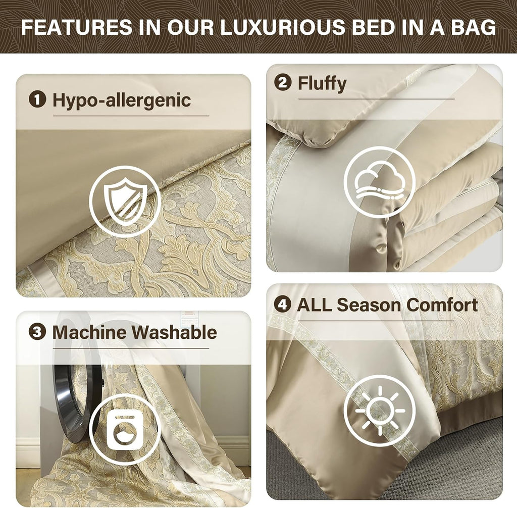 SahSahCasa 7-Piece Luxury California King Comforter Set, Cal King Comforter, Bed in a Bag California King, Jacquard Fluffy Comforter Bedding Set with Bedskirt, Pillows, Down-Alternative, Champagne