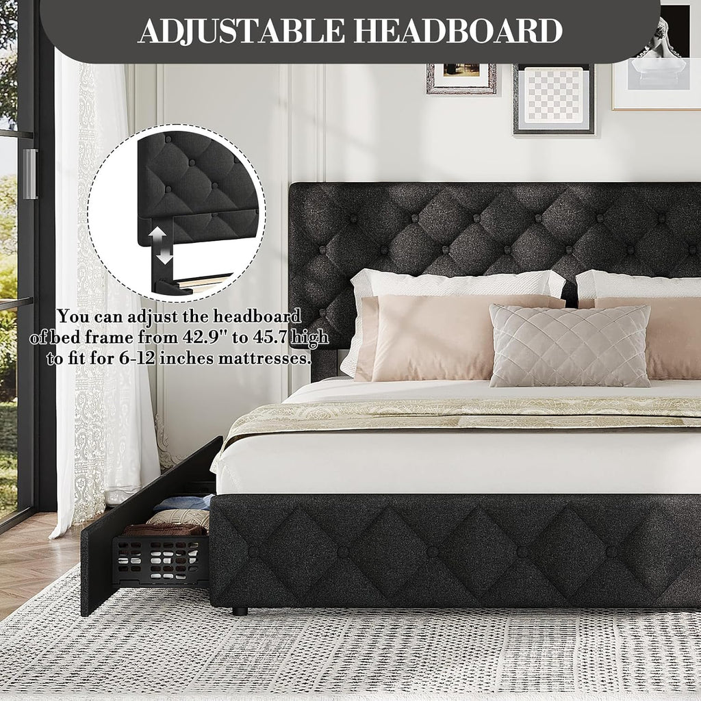 King Size Bed Frame with 4 Storage Drawers & Headboard, Linen Upholstered Platform Bed Frame, Stylish Diamond Tufted Design, No Box Spring Needed | Black
