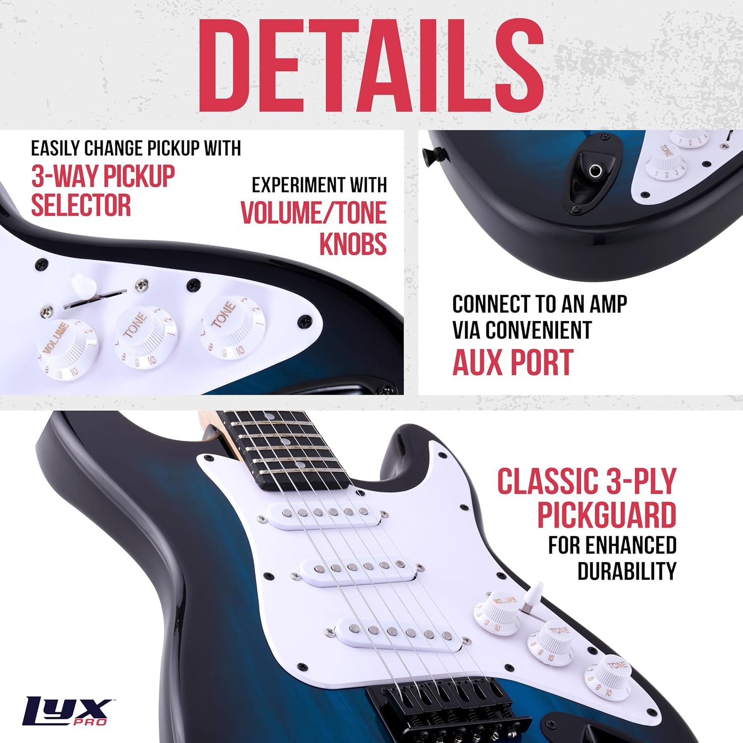 LyxPro 36 Inch Electric Guitar and Kit for Kids with 3/4 Size Beginner's Guitar, Amp, Six Strings, Two Picks, Shoulder Strap, Digital Clip On Tuner, Cable and Soft Case Gig Bag - Blue