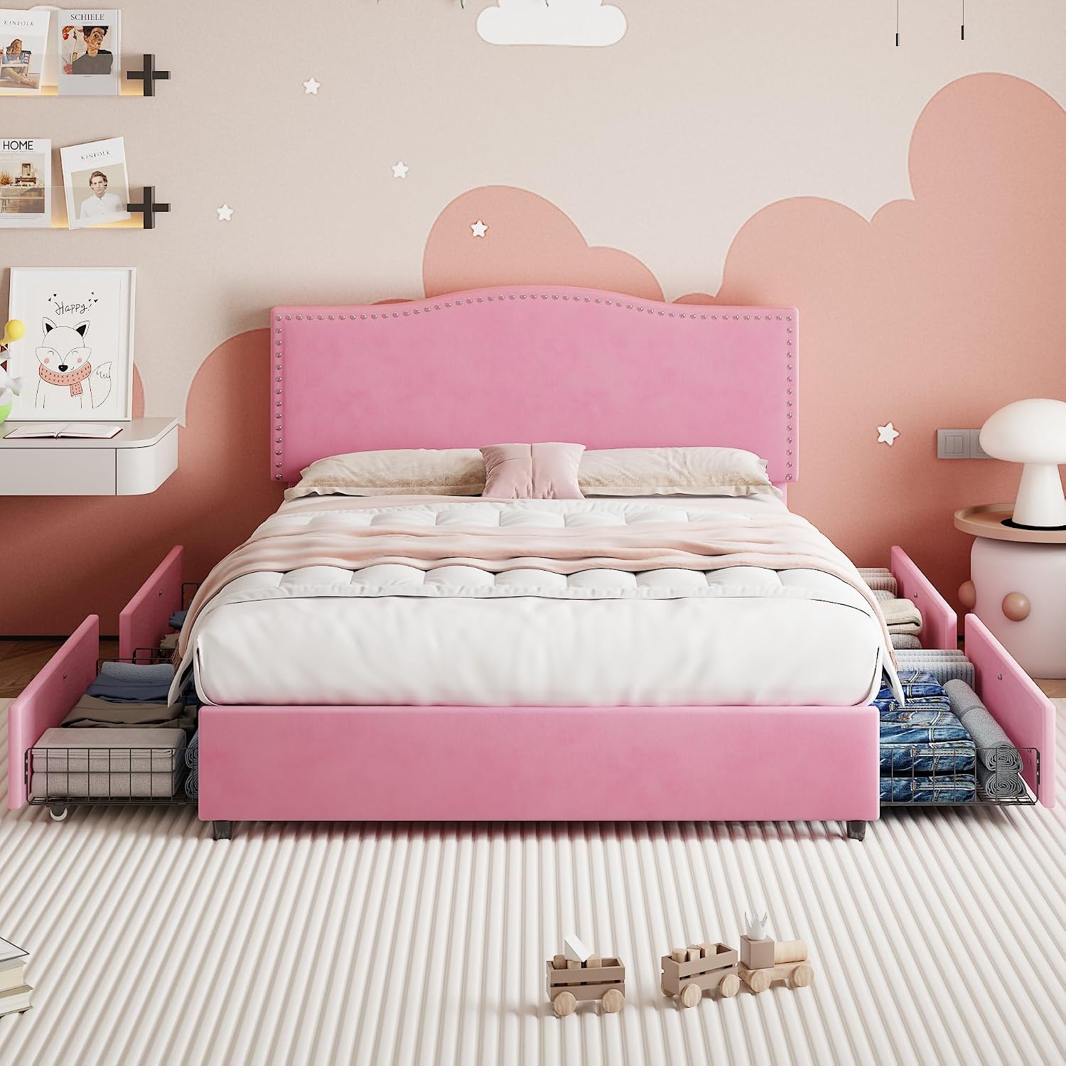 VECELO Full Bed Frame, Platform Bed Frame with 4 Underbed Storage Drawers & Adjustable Height Upholstered Headboard, Heavy-Duty Frame and Strong Wooden Slats Support, Noise-Free, Easy Assembly, Pink