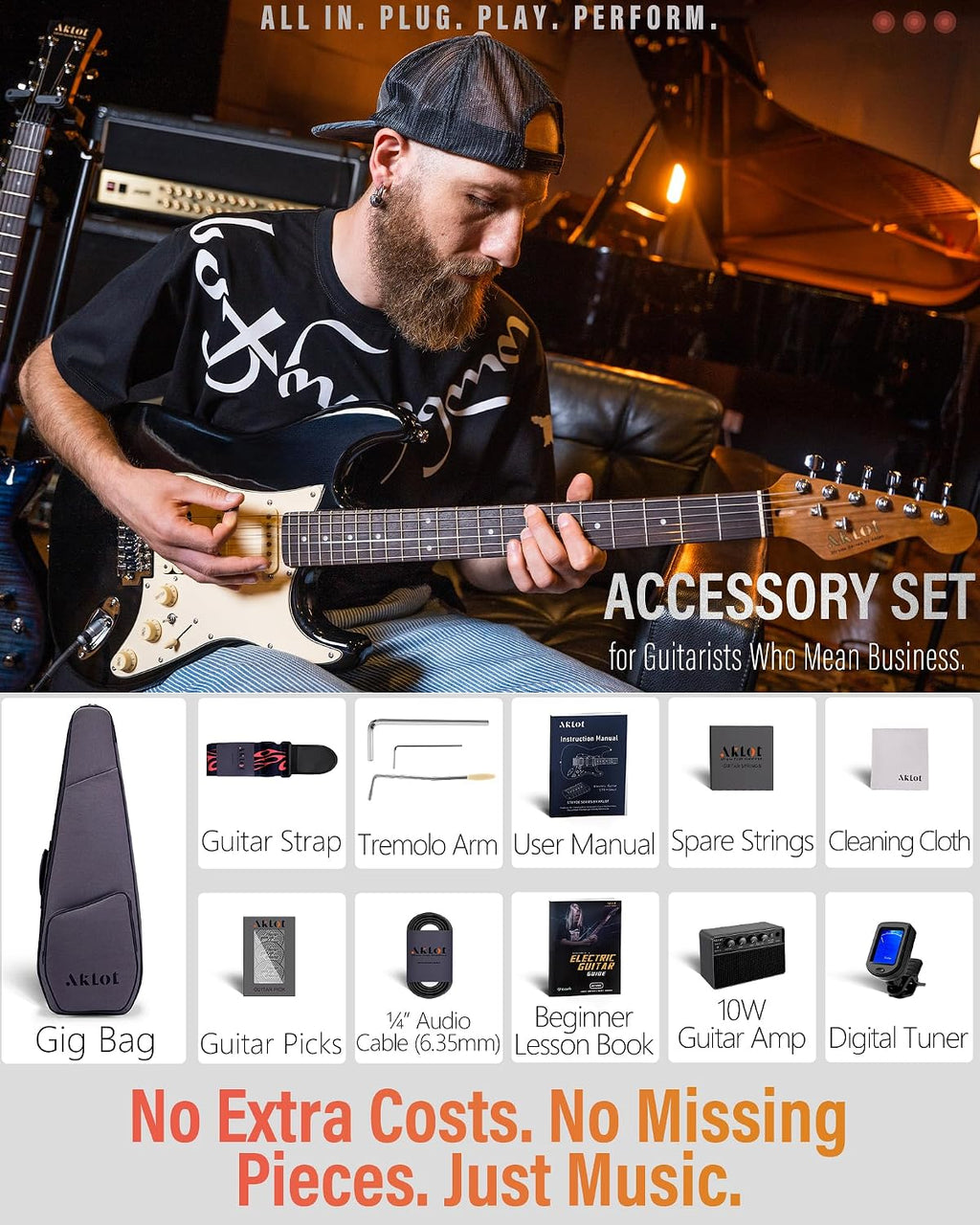 AKLOT Beginner Electric Guitar Kit: 10W Amp, Coil-Split HSS Pickups, Lesson Book, Roasted Maple Neck, Gig Bag, Tuner, Strap, Picks, Stryde Phantom Black