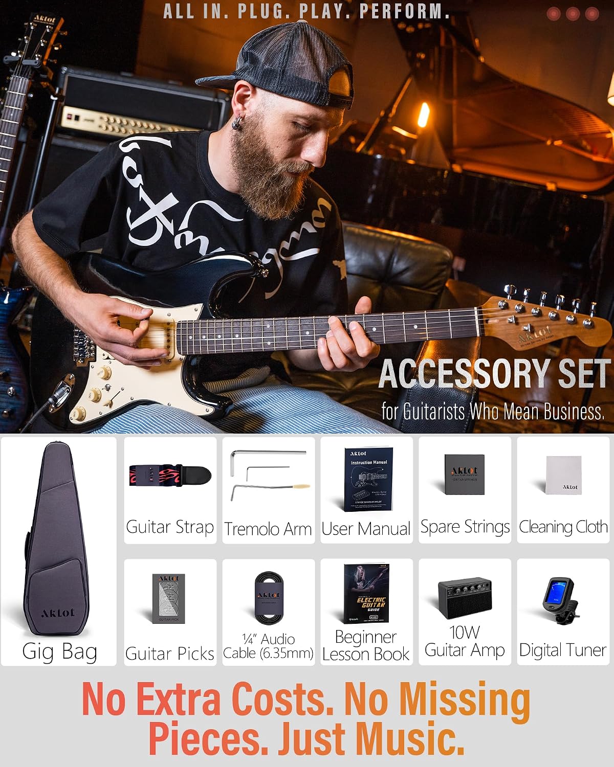 AKLOT Beginner Electric Guitar Kit: 10W Amp, Coil-Split HSS Pickups, Lesson Book, Roasted Maple Neck, Gig Bag, Tuner, Strap, Picks, Stryde Phantom Black