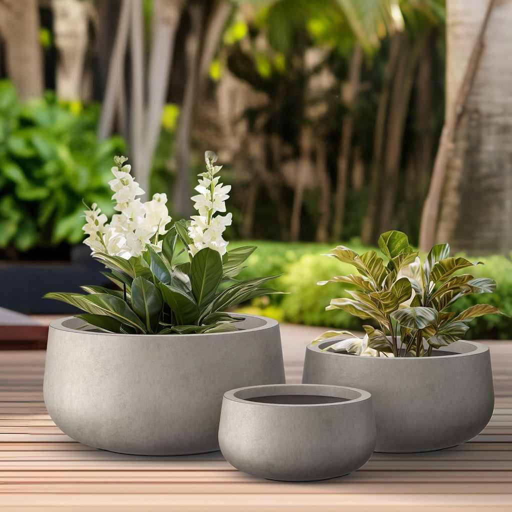 Kante 19.6',15.7',11.8' Dia Round Concrete Planters Set of 3, Outdoor Indoor Large Plant Pots with Drainage Hole, Modern Curvaceous Design, Weathered Concrete