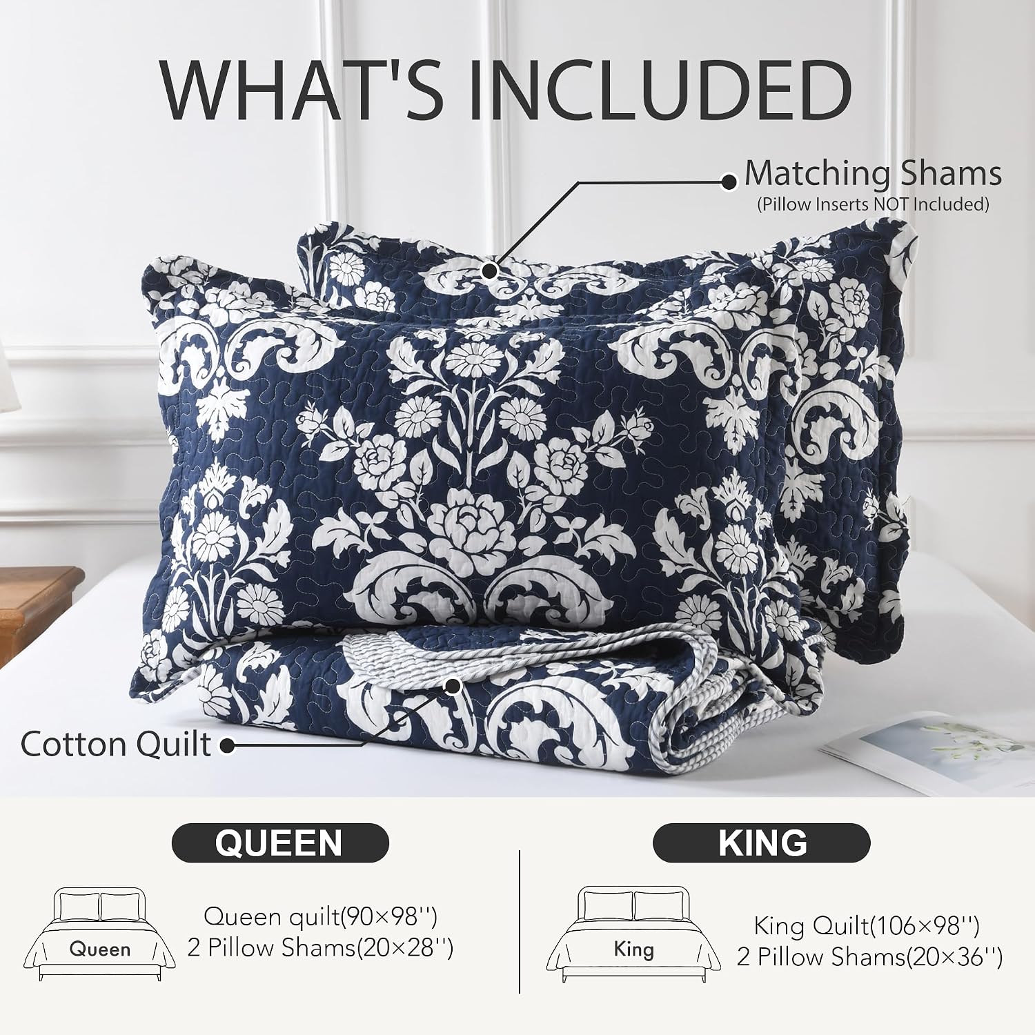 King Size Quilt Set, 100% Cotton Navy Blue Quilted Bedspread Set, Navy Blue White Floral Pattern Farmhouse Reversible Quilt Bedding Set for All Season, 3-Piece Quilt Set