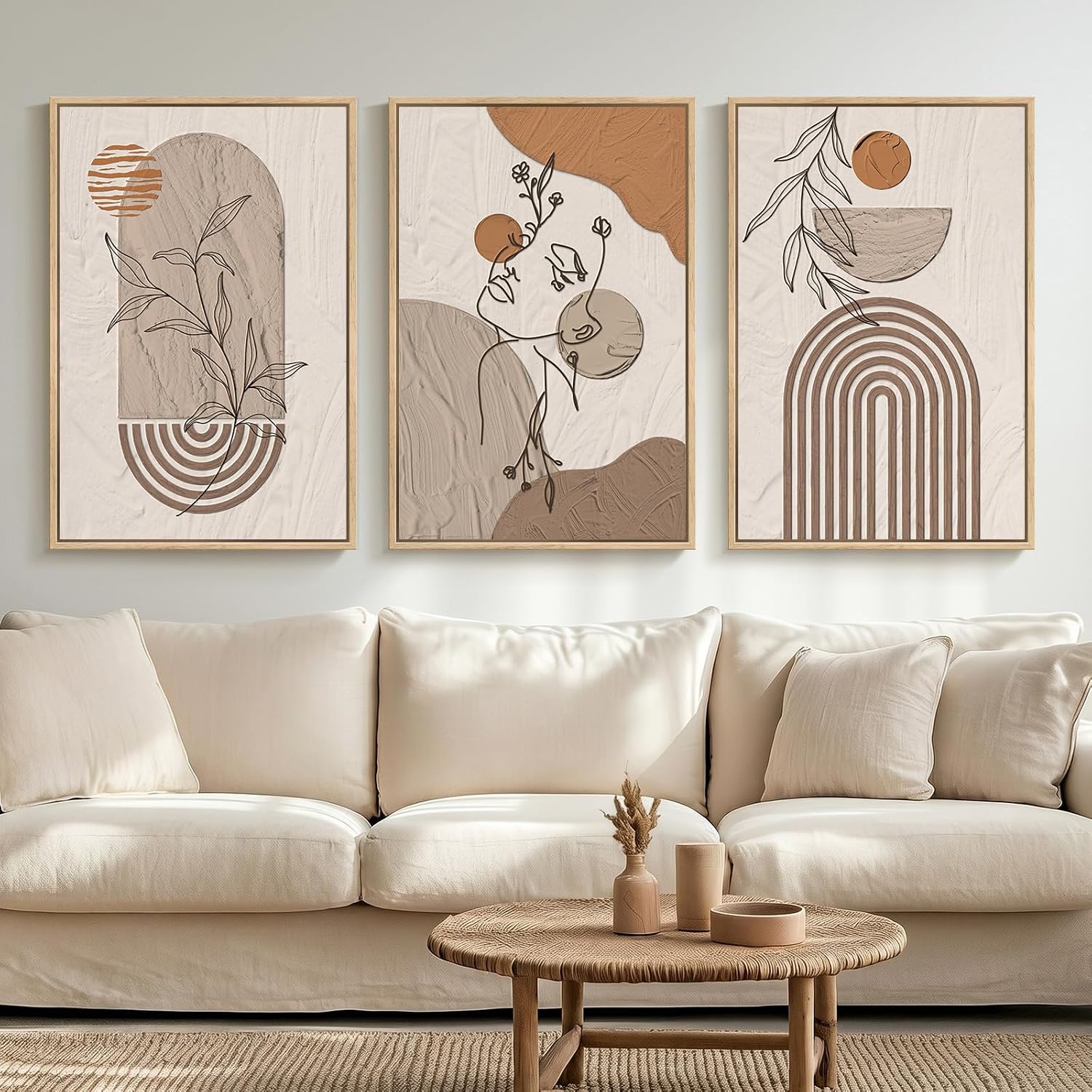 Large Framed Earth Tone Boho Abstract Wall Art for Living Room, 3 Piece Neutral Modern Paintings Prints Canvas Artwork for Walls, Bohemian Pictures Wall Decor for Bedroom Home Office, 20x30 Inch