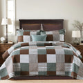 KALOOLA Plaid King Size Quilt Set, 100% Cotton Lightweight Quilted Bedspread with 2 Pillowshams for King Bed, Farmhouse Printed Bedding Set Coverlet for All Season, 3Pcs, Brown/Green