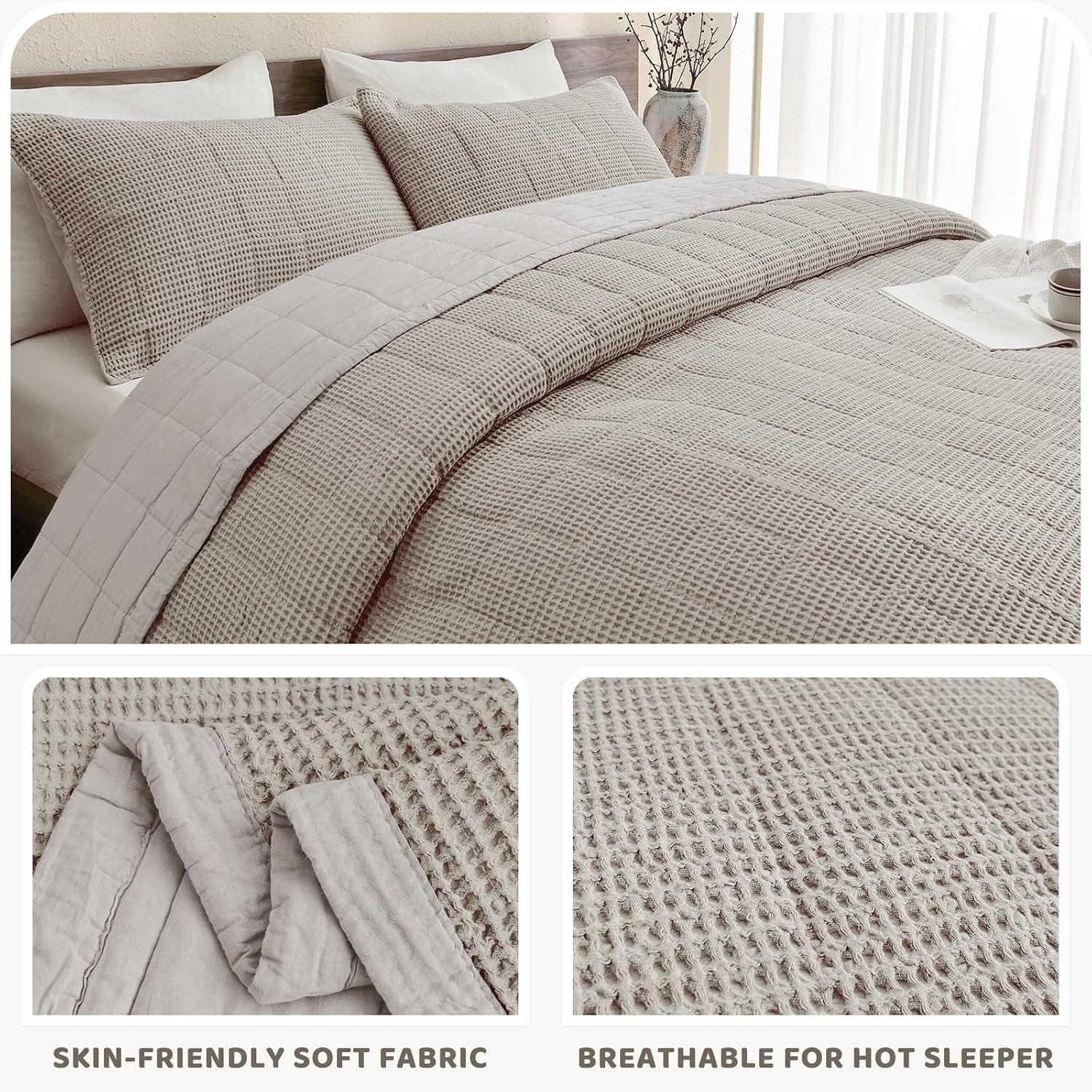Sanracie Oversized King Bedspread(120'x120'), Cotton Waffle Weave Quilt Set 3Pcs Soft Lightweight Farmhouse Oversized King Quilt Bedding Set,Luxury Bedding Coverlet for All Seasons
