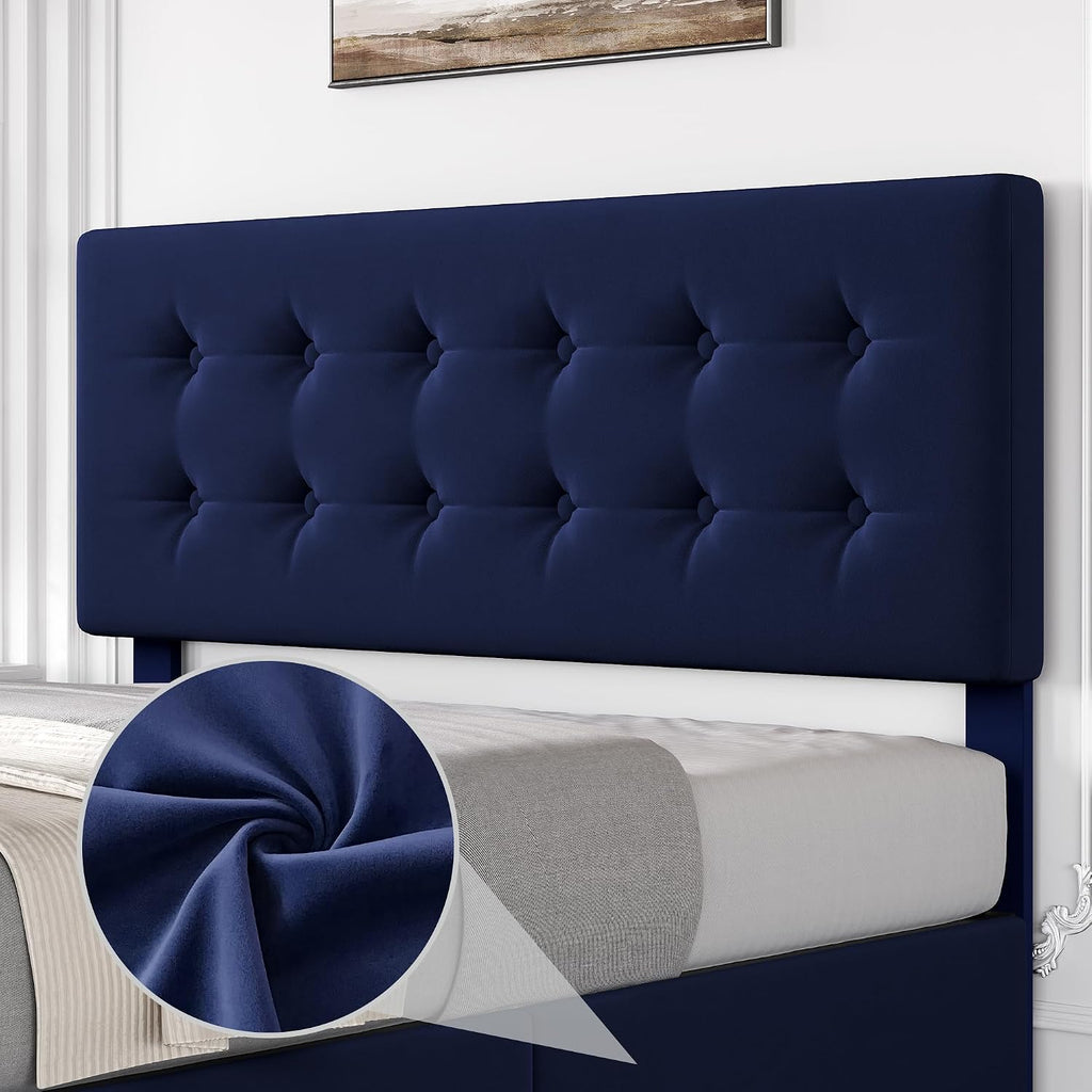 GAOMON Full Size Bed Frame with 4 Drawers and Adjustable Headboard, Velvet Upholstered Platform Bed with Button Tufted Design, No Box Spring Needed, Strong Wooden Slats, Blue