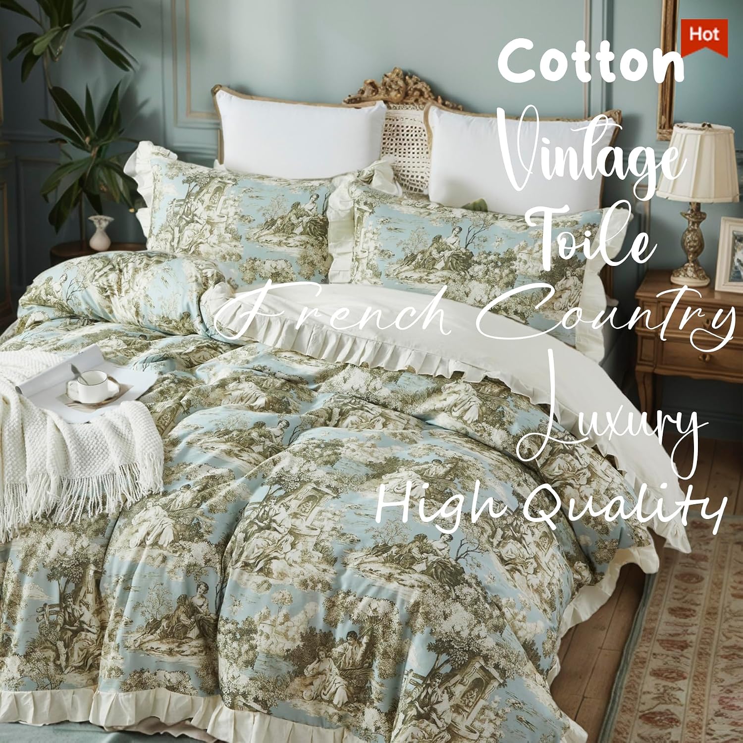 Brandream French Country Toile Queen Duvet Cover Set for Girl Women Bedroom Vintage Cottagecore Toile Floral Print 100% Cotton Duvet Quilt Comforter Cover Pillow Shams Set with Delicate Ruffle Fringe