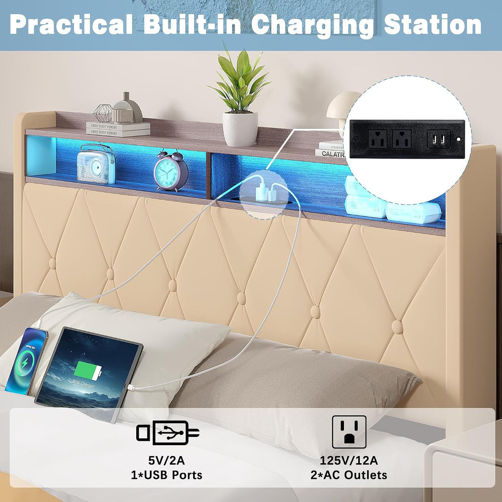 VECELO Velvet Full Size Upholstered Bed Frame with Headboard, Sturdy Platform Full Bed Frame with 3 Capacious Drawers, LED Light, Charging Station, USB Ports, Quiet, Easy Assembly, Beige