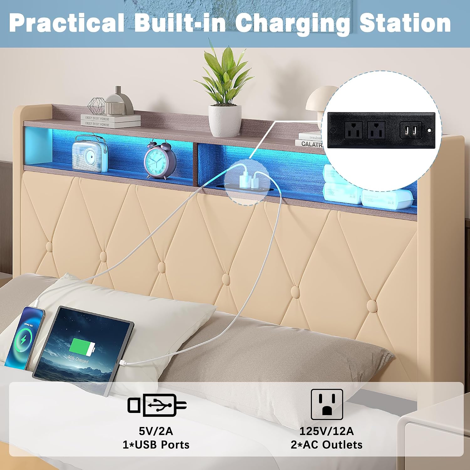 VECELO Velvet Full Size Upholstered Bed Frame with Headboard, Sturdy Platform Full Bed Frame with 3 Capacious Drawers, LED Light, Charging Station, USB Ports, Quiet, Easy Assembly, Beige