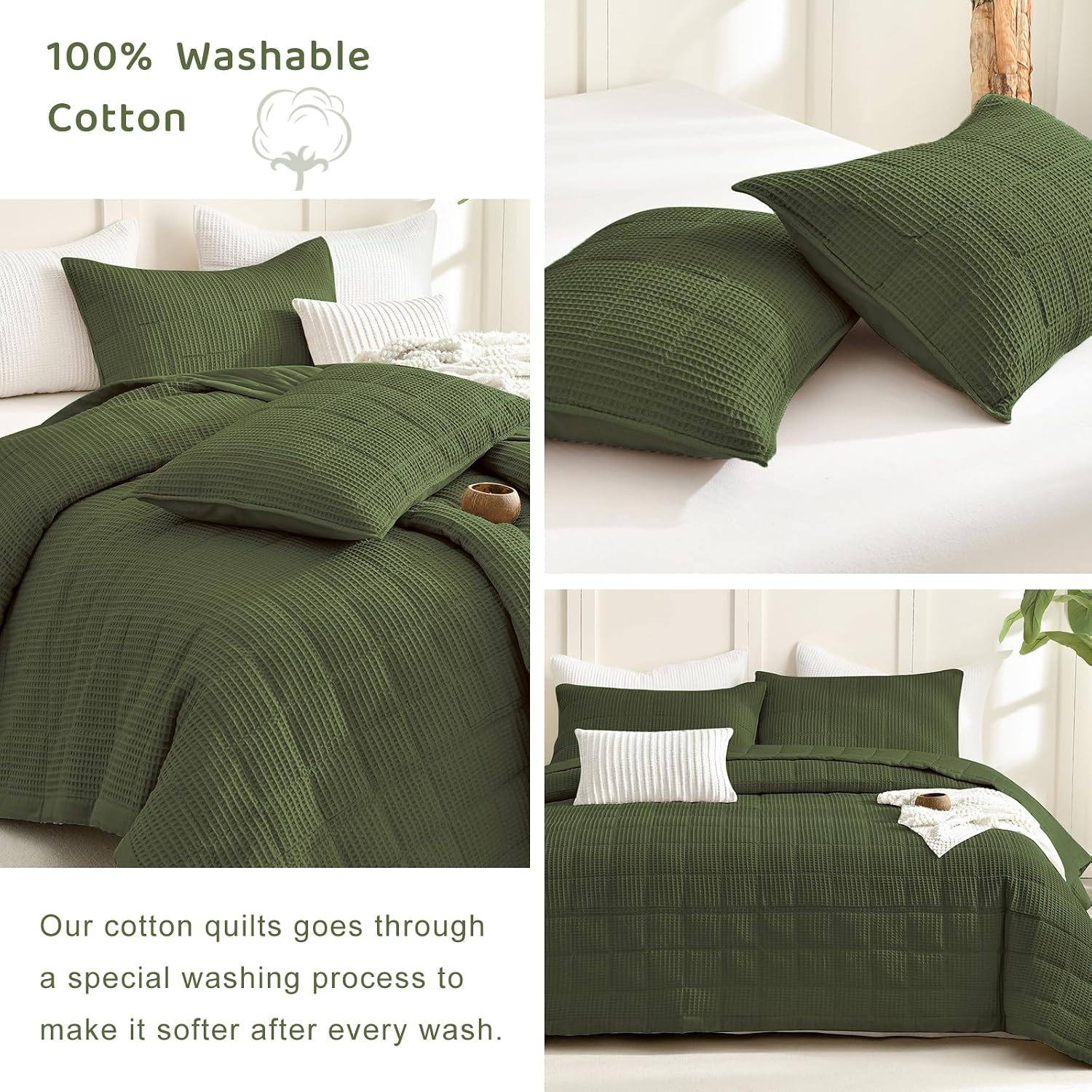 Sanracie Oversized King Quilt (120'x120'), Cotton Olive Green Waffle Weave Quilt Bedding Set 3Pcs Extra Wide Large Soft Breathable Luxury Aesthetic Bedding Coverlet for All Season