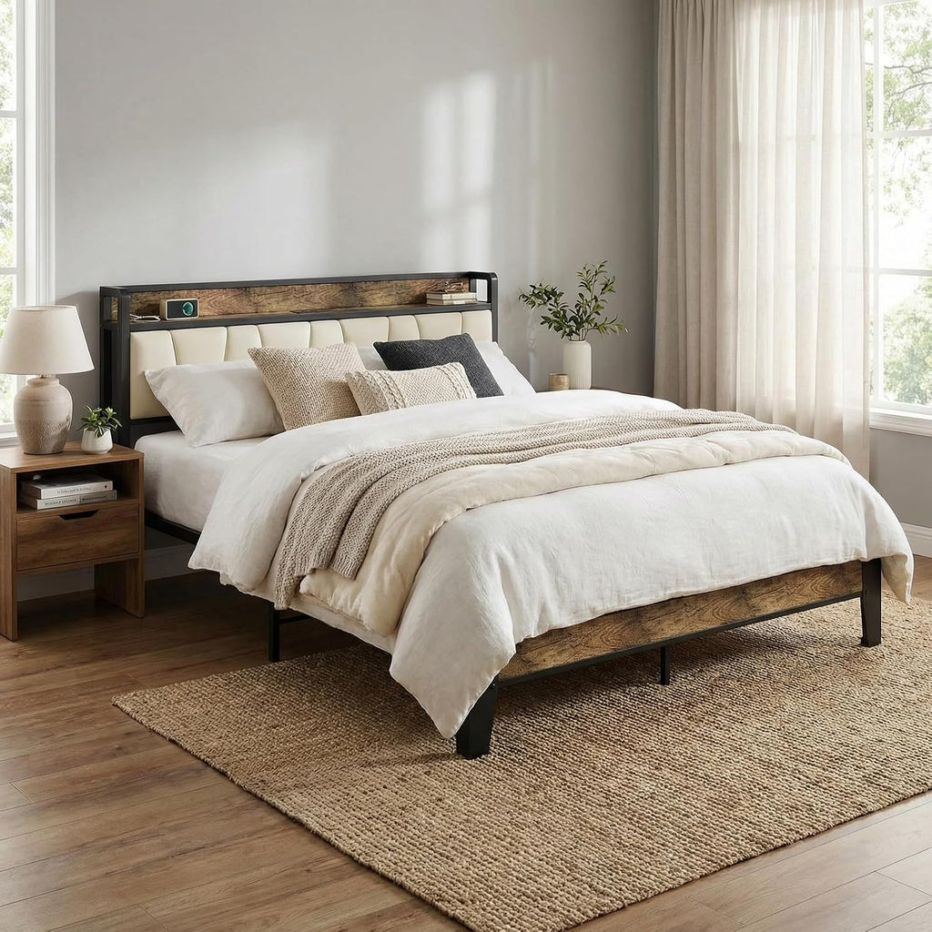LIKIMIO Full Size Bed Frame, Storage Headboard with Charging Station, Solid and Stable, Noise Free, No Box Spring Needed, Easy Assembly (Walnut and Beige)