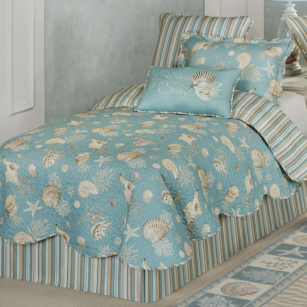 Seabreeze Coastal Beach Polyester Microfiber Bedding | All Season Quilted | Shell Starfish Coral Stripe | Aqua Teal Ivory Cream | Washable 3 Pc Set: Twin Quilt, 1 Standard Sham, Bedskirt