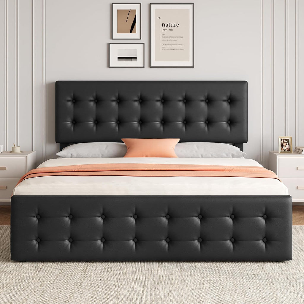 King Size Platform Bed Frame with 4 Storage Drawers & Headboard, Faux Leather Upholstered, Button Tufted Design, Wooden Slats Support, Noise-Free Mattress Foundation, No Box Spring Needed, Black