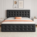 King Size Platform Bed Frame with 4 Storage Drawers & Headboard, Faux Leather Upholstered, Button Tufted Design, Wooden Slats Support, Noise-Free Mattress Foundation, No Box Spring Needed, Black