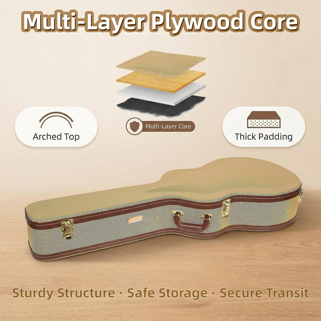 Crossrock Case - Hard-Shell Wooden Guitar Case - Fits 4/4 Classical Nylon String Guitars - Stainless Steel Latches, Sponge Lining, Metal Feet, Storage Space - Vinyl Tweed