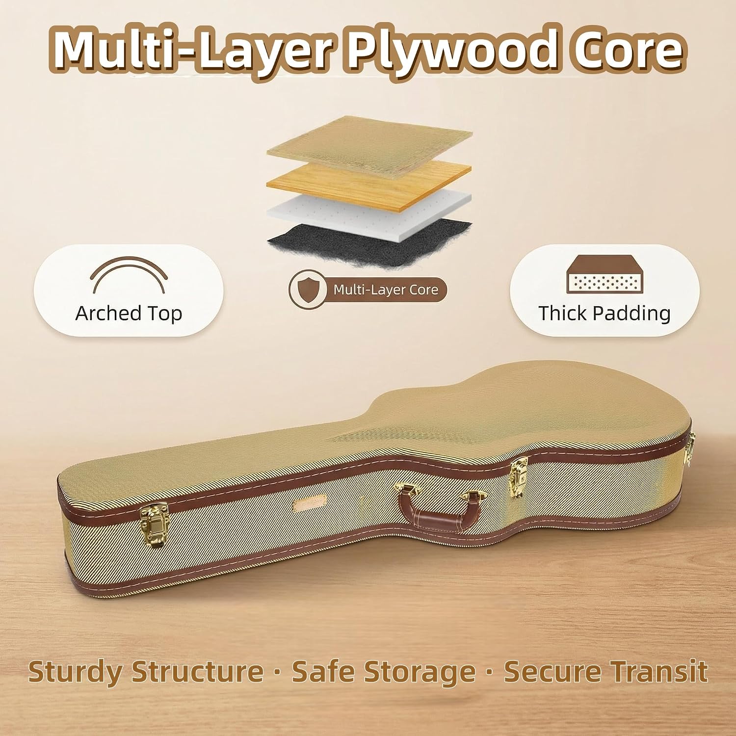 Crossrock Case - Hard-Shell Wooden Guitar Case - Fits 4/4 Classical Nylon String Guitars - Stainless Steel Latches, Sponge Lining, Metal Feet, Storage Space - Vinyl Tweed