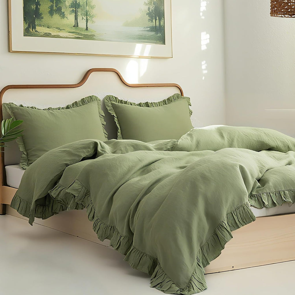 Simple&Opulence 100% Linen Duvet Cover Set, 3 PCS Natural French Flax Sage Green Ruffle Duvet Cover Full Size, Breathable Comfy Linen Bedding Comforter Cover with 2 Pillowcases (Sage Green, 78' X 86')