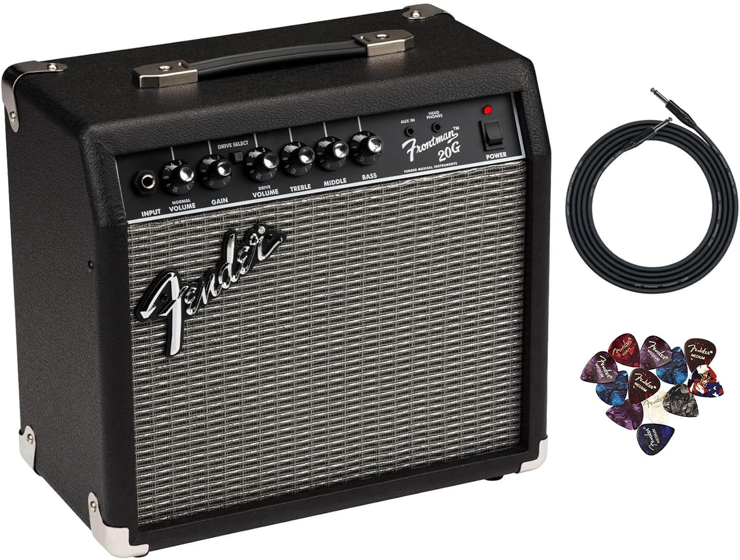 Fender Frontman 20G Guitar Combo Amplifier - Black Bundle with Cable and Austin Bazaar Exclusive 12-Pack Picks