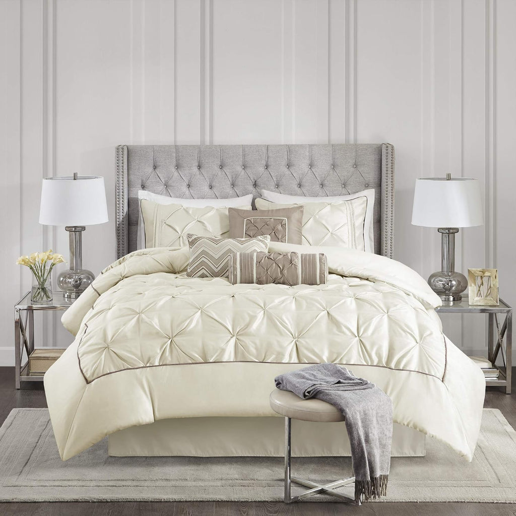 Madison Park Laurel Cozy Comforter Set - Traditional Tufted Faux Silk Design, All Season Down Alternative Bedding with Matching Shams, Decorative Pillow, Ivory King(104'x92') 7 Piece