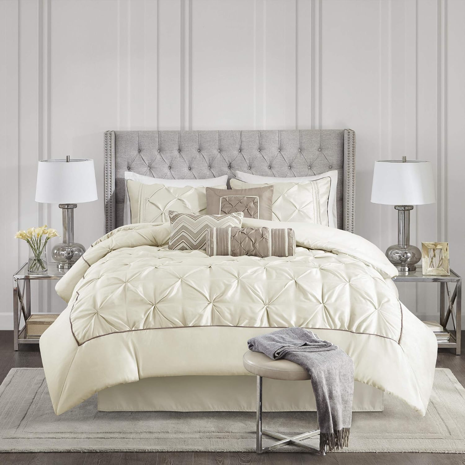 Madison Park Laurel Cozy Comforter Set - Traditional Tufted Faux Silk Design, All Season Down Alternative Bedding with Matching Shams, Decorative Pillow, Ivory King(104'x92') 7 Piece