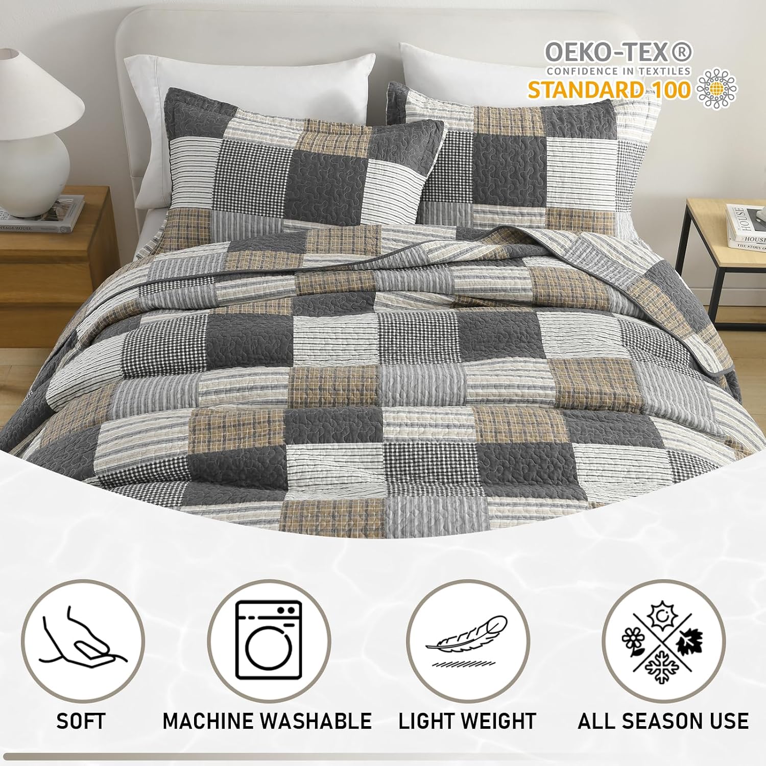 KALOOLA Plaid Quilt King Size, 100% Cotton Soft Lightweight Quilted Bedding Set for King Bed, Farmhouse Reversible Bedspread Coverlet with 2 Pillowshams for All Season, 3 Pcs, Grey/White/Black