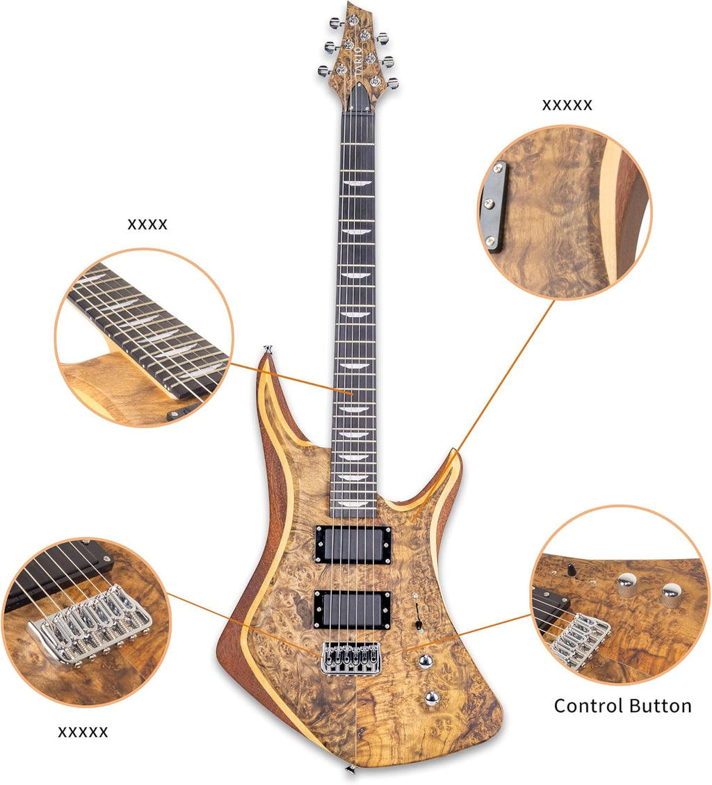 TARIO 6-String Electric Guitar, Maple Burl Veneer Top, Sapele Body, Maple Neck, 24 Frets, HPL Fingerboard, Dual Humbucker Pickups (H-H), Fixed Bridge – Modern Ergonomic Design for Stage & Studio