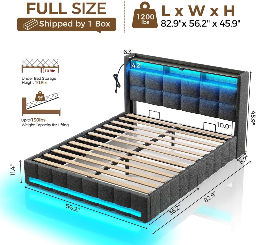 Rolanstar Bed Frame Full Size with Lift Up Storage, Charging Station & LED Lights, Upholstered Storage Headboard, Heavy Duty Wooden Slats, No Box Spring Needed, Noise Free, Easy Assembly, Dark Grey