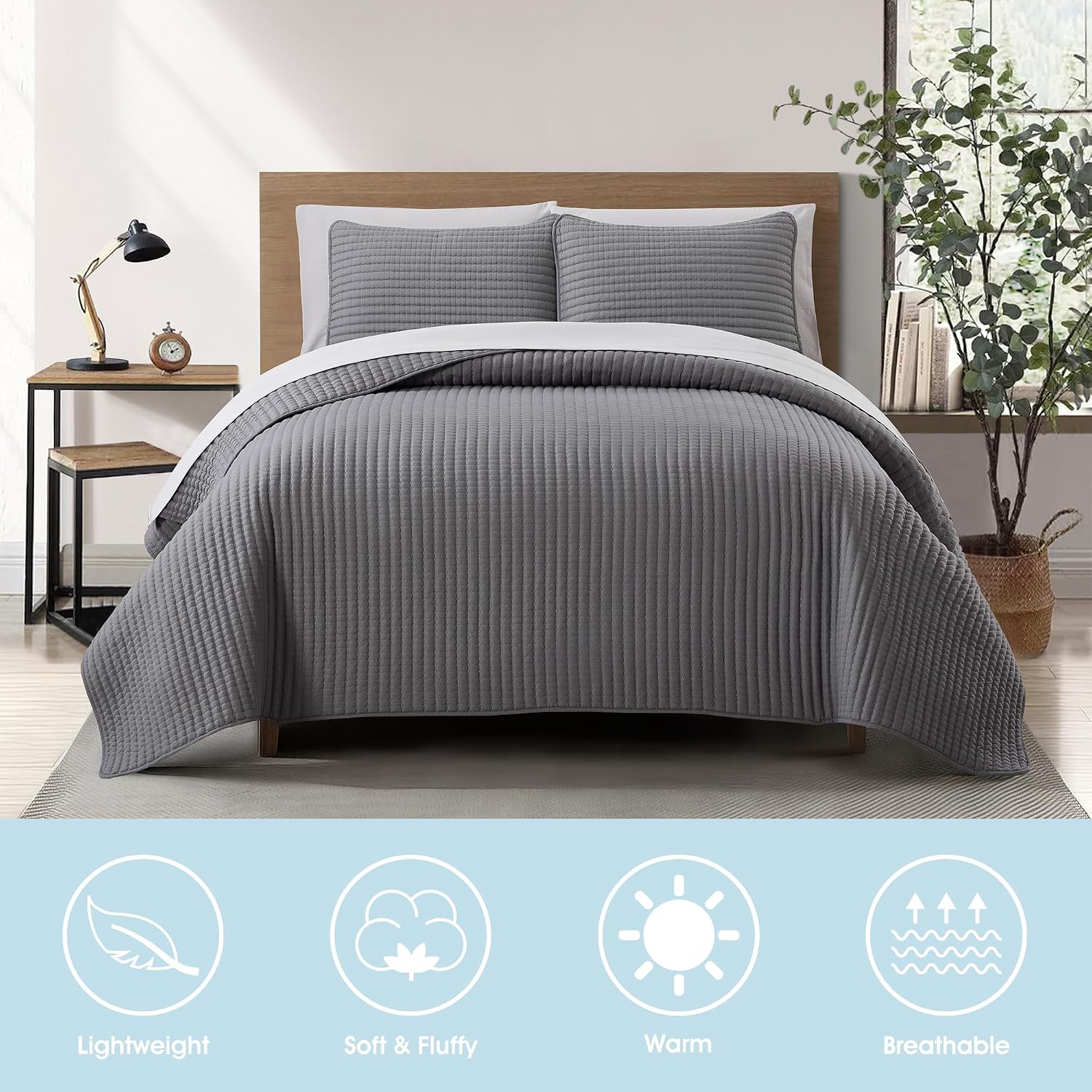 LANCO MODERN LIFESTYLE 7 Piece King Quilt Set, Grey, Microfiber Solid Striped Bedding Set, Soft and Luxury Bed in a Bag, Includes Quilt, Pillow Shams, Flat Sheet, Fitted Sheet, and Pillowcases