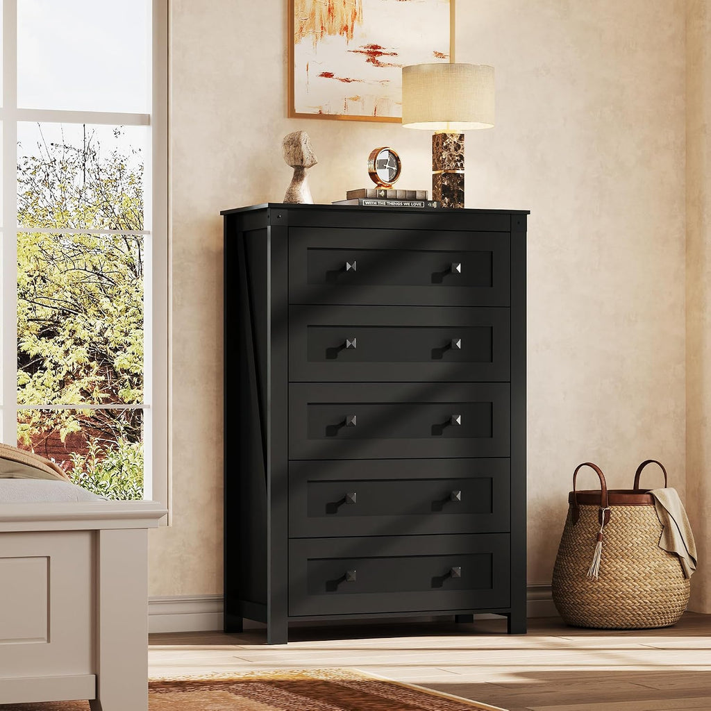 WLIVE Farmhouse Black Dresser for Bedroom, 5 Drawer Dresser Storage Organizer, Tall Wood Dressers with Double Rustic Handle, Chest of Drawers for Living Room, Hallway, Closet