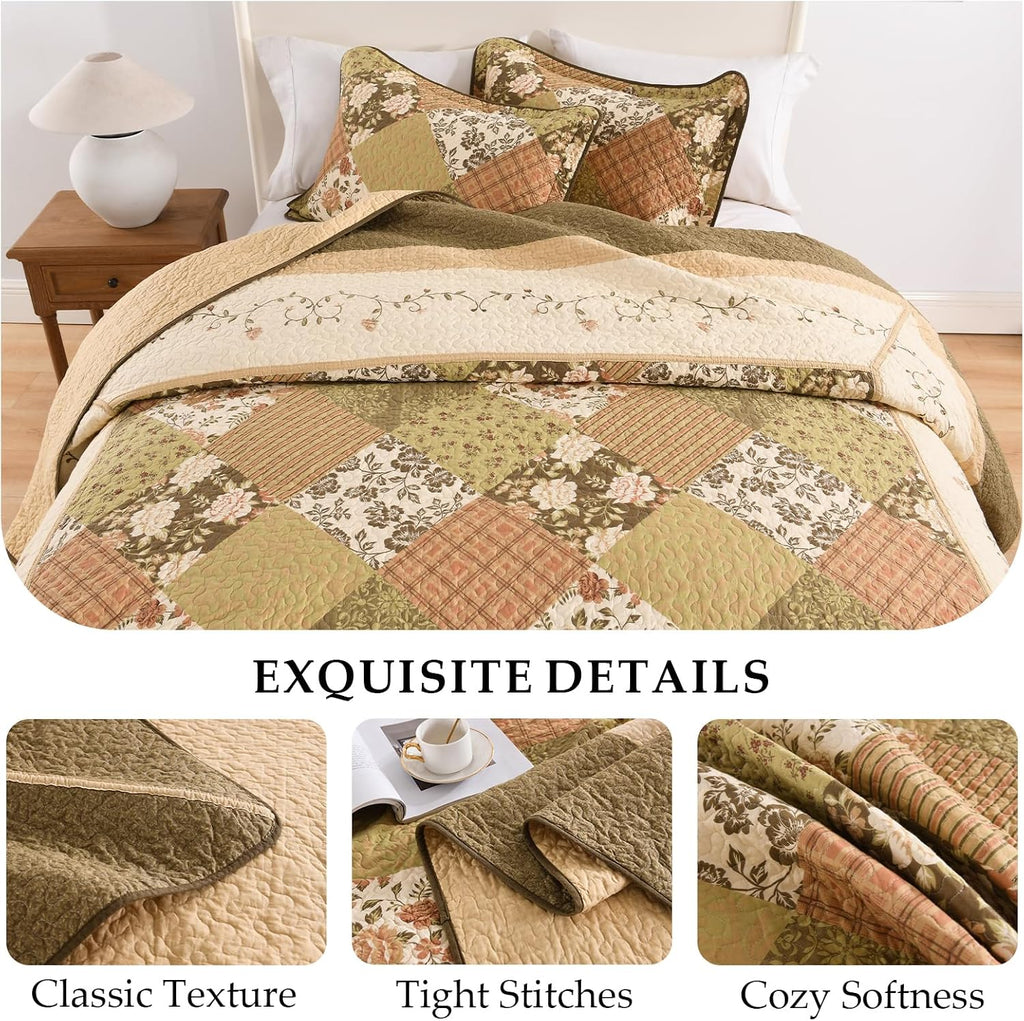 Floral Bedspread 120'x120' Oversized King Bedspread, 100% Cotton California King Quilt with 2 Pillow Shams, Lightweight Farmhouse Quilted Bedspreads Coverlet Set, Brown, 3 Pcs