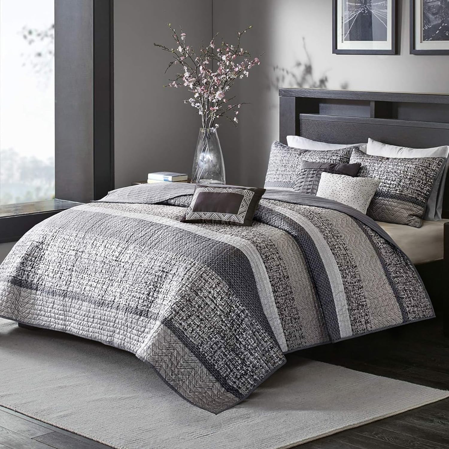 Madison Park King Quilt Set Lustrous Jacquard & Glitter Accent Coverlet Set - All Season, Lightweight Quilt Set, Shams, Decorative Pillow, King/Cal King Chevron Grey/Taupe