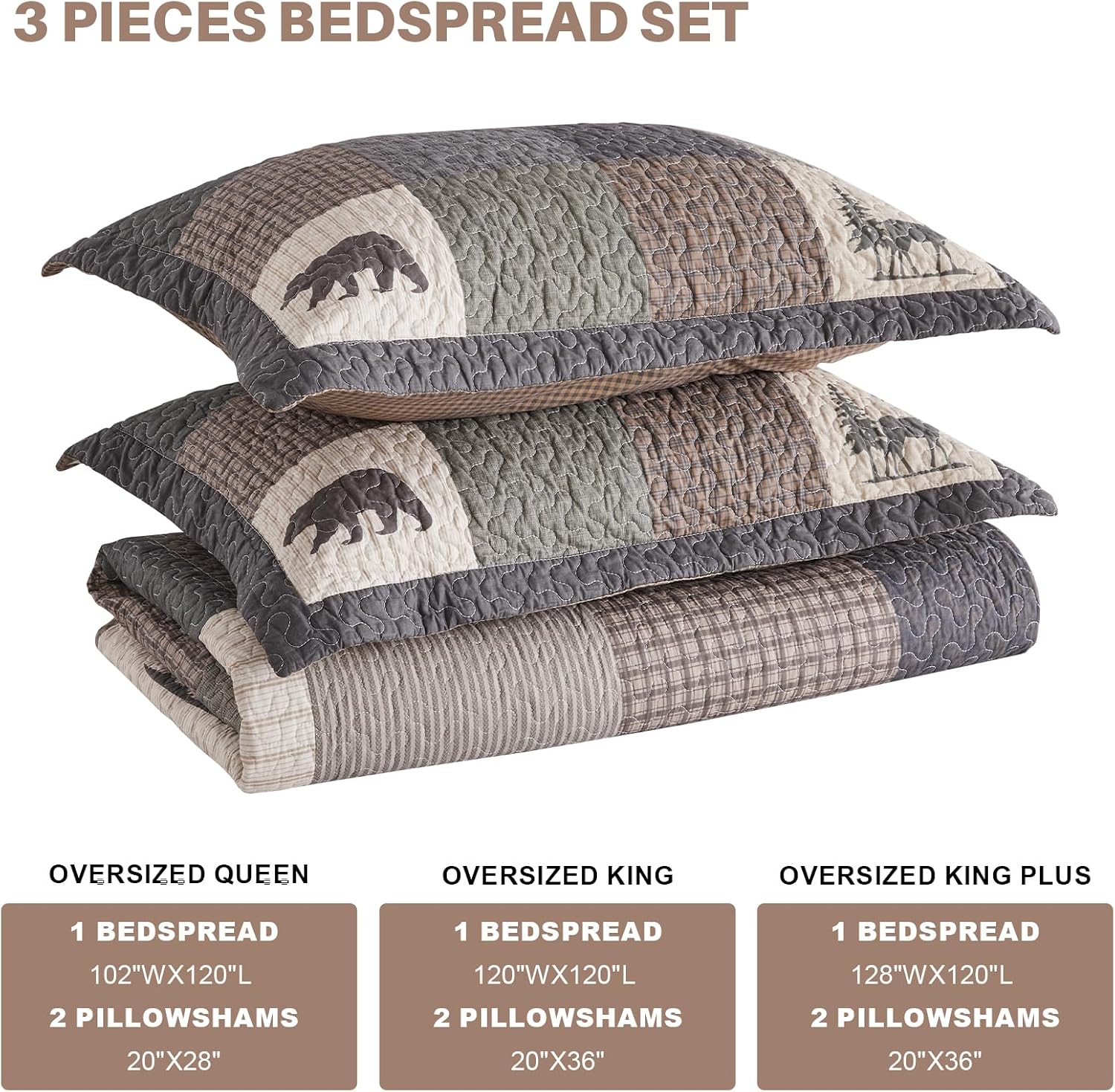 Oversized Queen Bedspreads 120x102, 100% Cotton Extra Large Quilt, Forest Tree Bear Deer Pattern, Lightweight Plaid Quilted Coverlet Bedding Set, 3 Pcs, All Season, Brown/Beige/Green