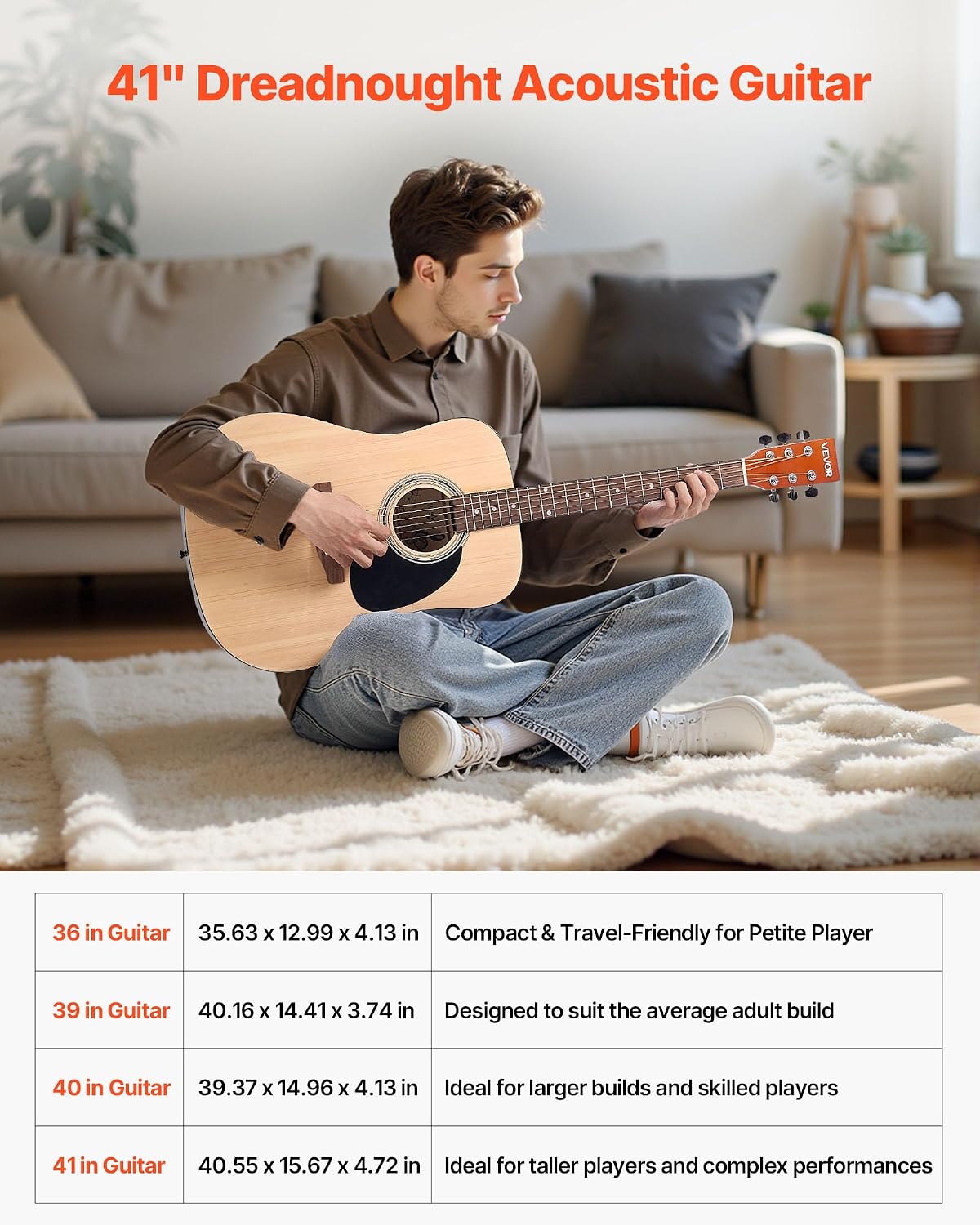 VEVOR Dreadnought Acoustic Guitar, 41 in, 6-String Natural Solid Spruce Top Guitar, Beginner Bundle with Gig Bag, Tuner, Strap, Strings, Picks, Capo, Rosewood Fingerboard, for Adults Taller Players