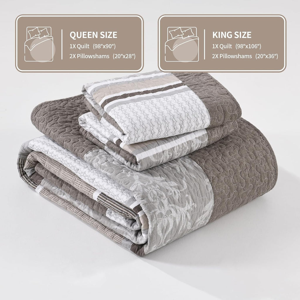 KALOOLA 100% Cotton Quilts Queen Size - Lightweight Quilted Bedding Set 3 Pcs, Farmhouse Printed Striped Bedspread with 2 Pillow Shams, Modern Bed Coverlet for All Season, Dark Brown/Charcoal/Beige