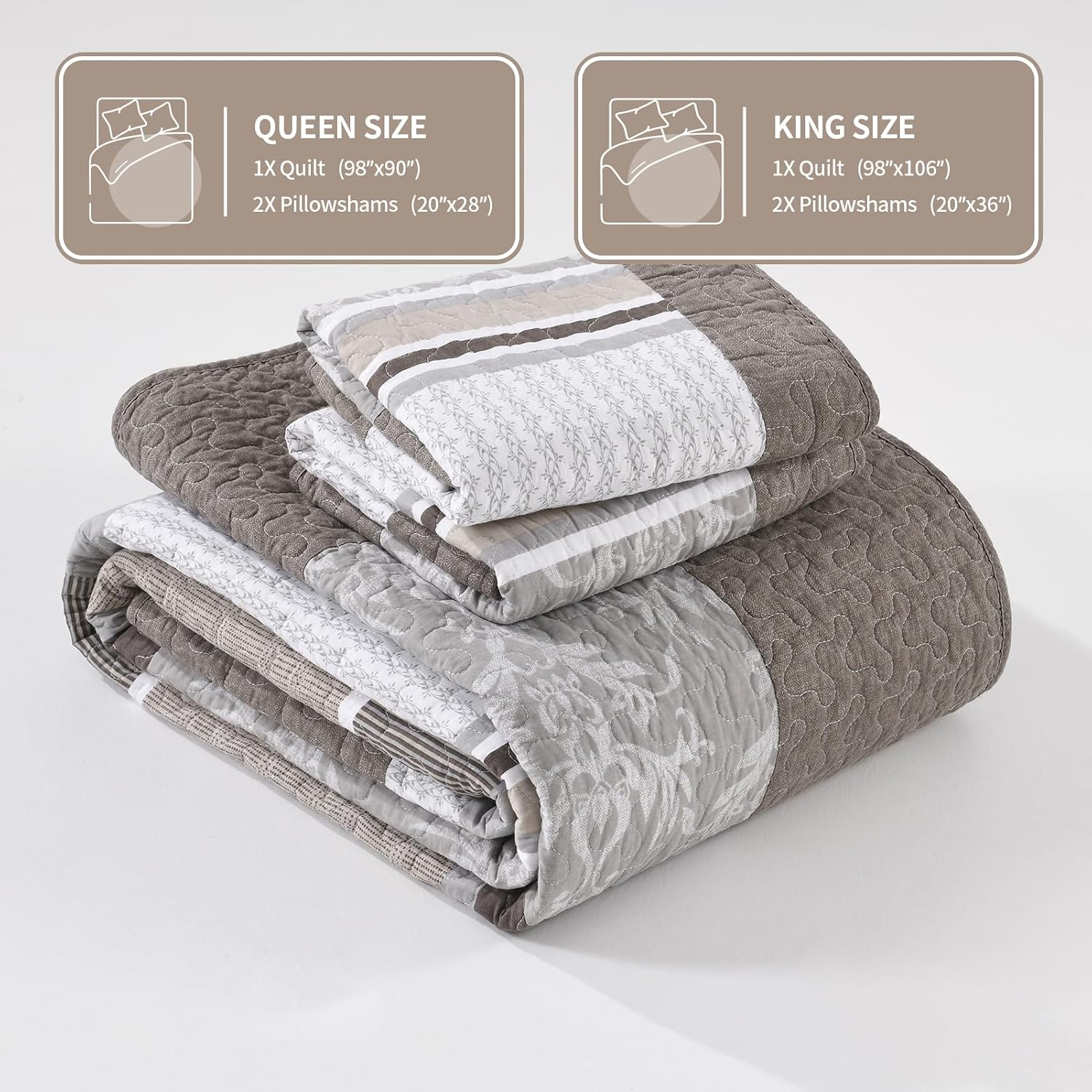 KALOOLA 100% Cotton Quilts Queen Size - Lightweight Quilted Bedding Set 3 Pcs, Farmhouse Printed Striped Bedspread with 2 Pillow Shams, Modern Bed Coverlet for All Season, Dark Brown/Charcoal/Beige
