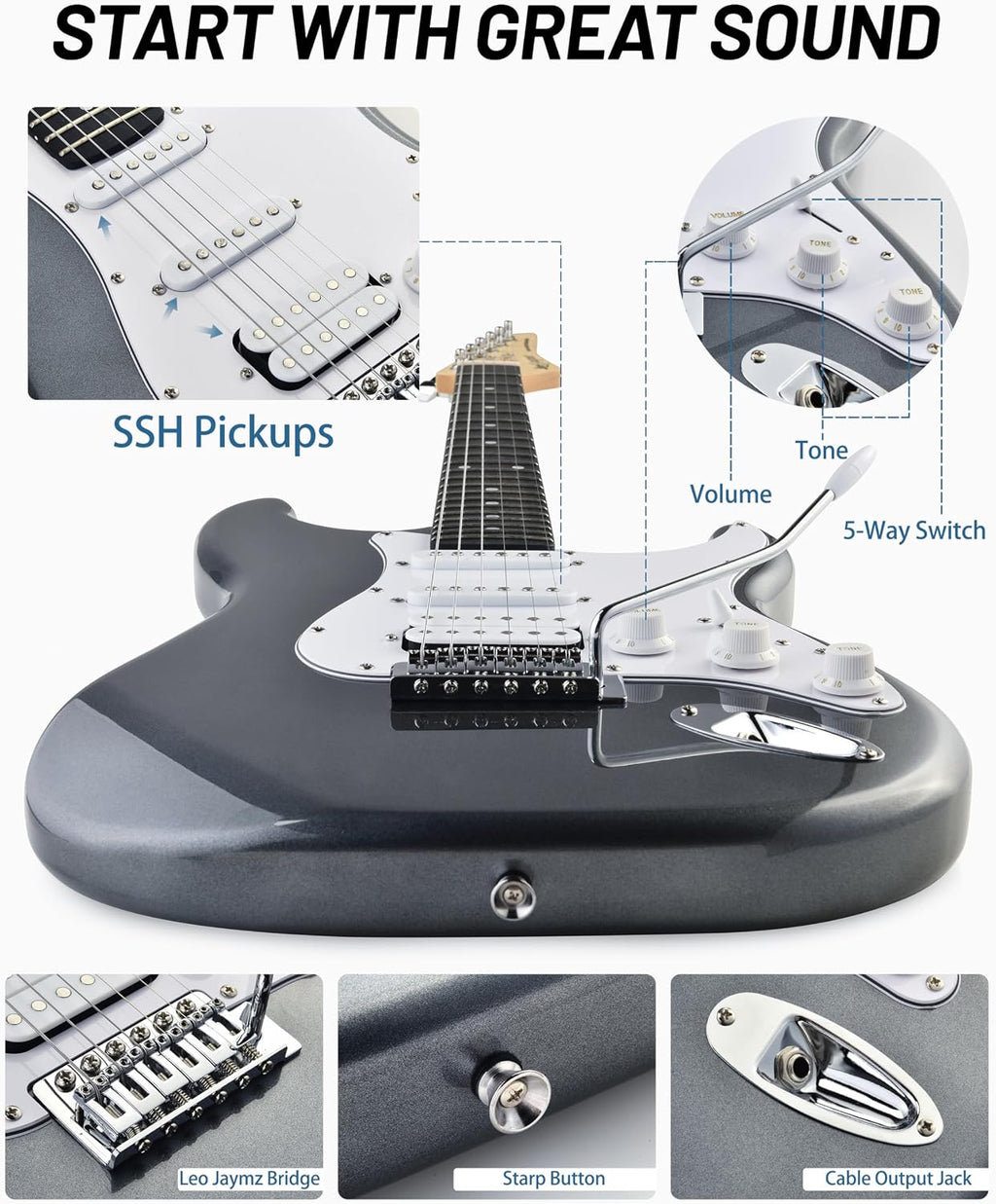 Leo Jaymz Beginner Electric Guitar 39' Kit with Portable Amplifier, Padded Gig Bag, Digital Tuner，Capo，Strap，Picks， HSS Pickups (Gray-HSS)