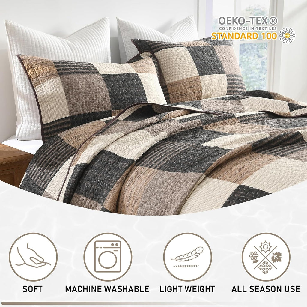 KALOOLA 100% Cotton King Size Quilt Set - Lightweight Farmhouse Quilted Bedspread with 2 Pillowshams for King Bed, Reversible Printed Plaid Design Bedding for All Season, Charcoal/Beige/Brown, 3Pcs