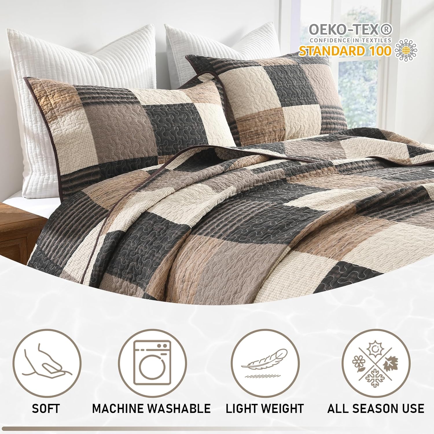 KALOOLA 100% Cotton King Size Quilt Set - Lightweight Farmhouse Quilted Bedspread with 2 Pillowshams for King Bed, Reversible Printed Plaid Design Bedding for All Season, Charcoal/Beige/Brown, 3Pcs