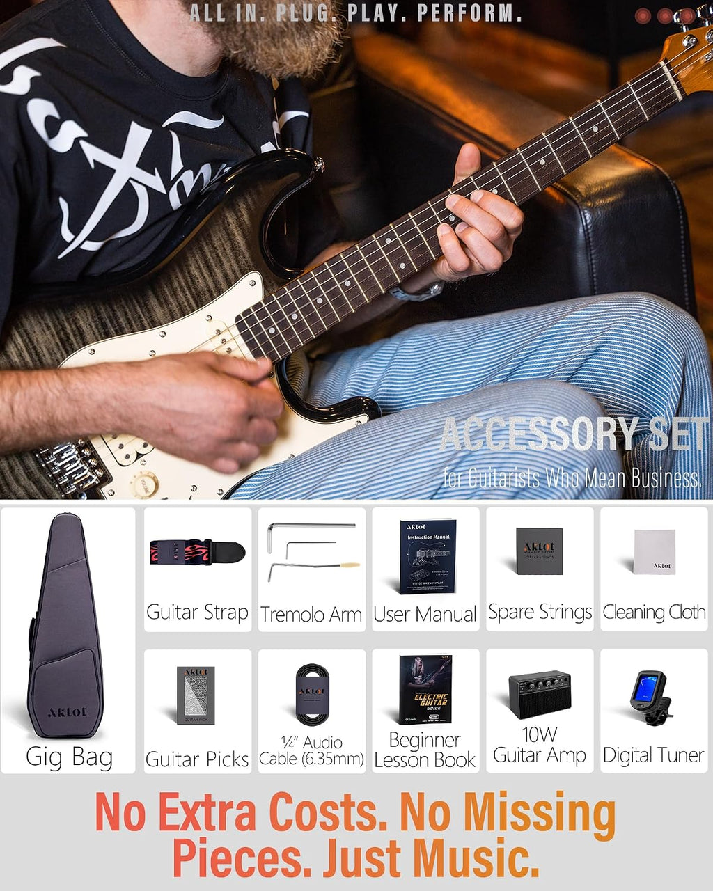 AKLOT Beginner Electric Guitar Kit: 10W Amp, Coil-Split HSS Pickups, Lesson Book, Roasted Maple Neck, Gig Bag, Tuner, Strap, Picks, Stryde Obsidian Black