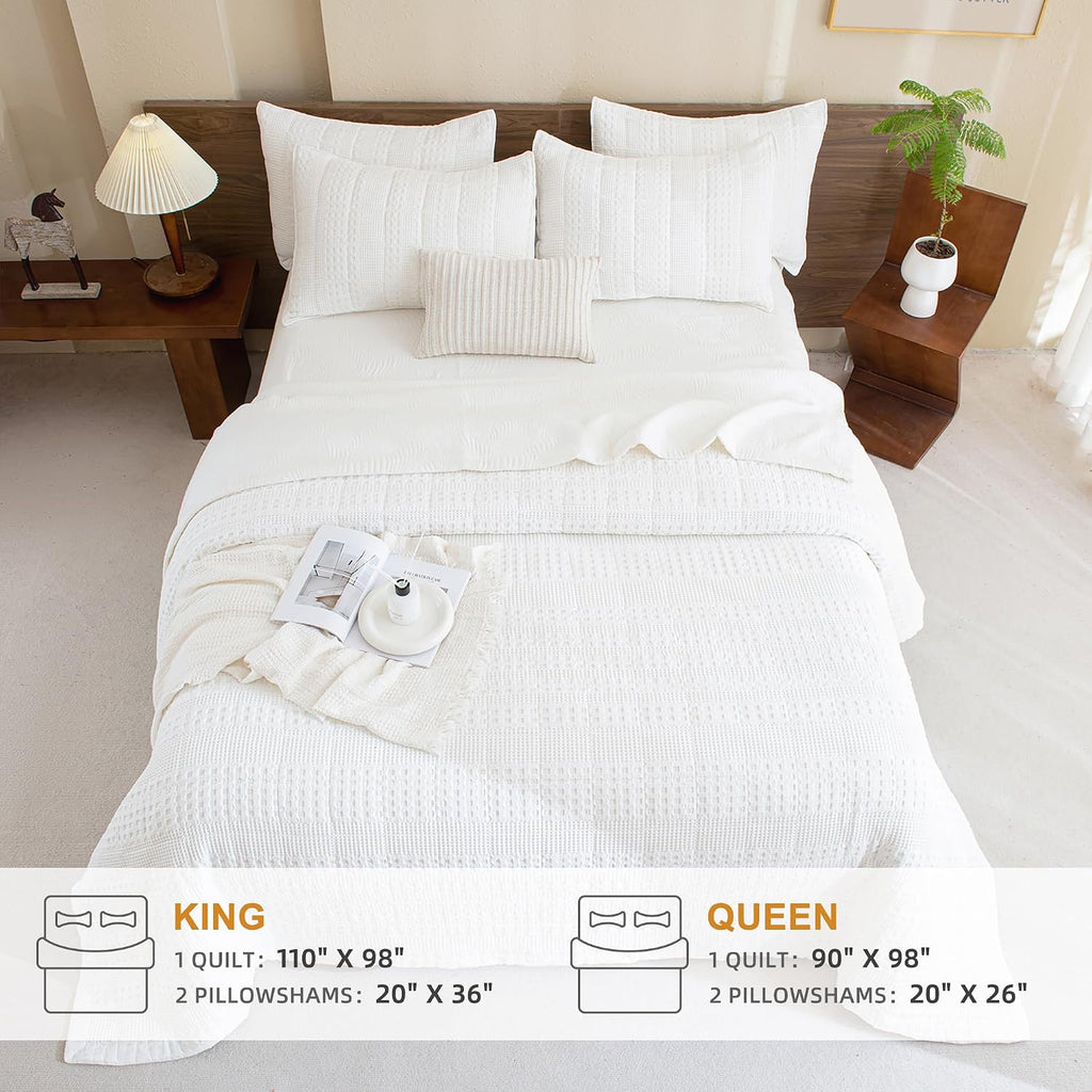 Sanracie Cotton Quilt King Size(110'x98'), White Waffle Quilted Bedspread Sets,3Pcs Farmhouse King Quilt Bedding Set, Ultra Soft Boho Coverlet Quilt Set Shabby Vintage Chic Bedding