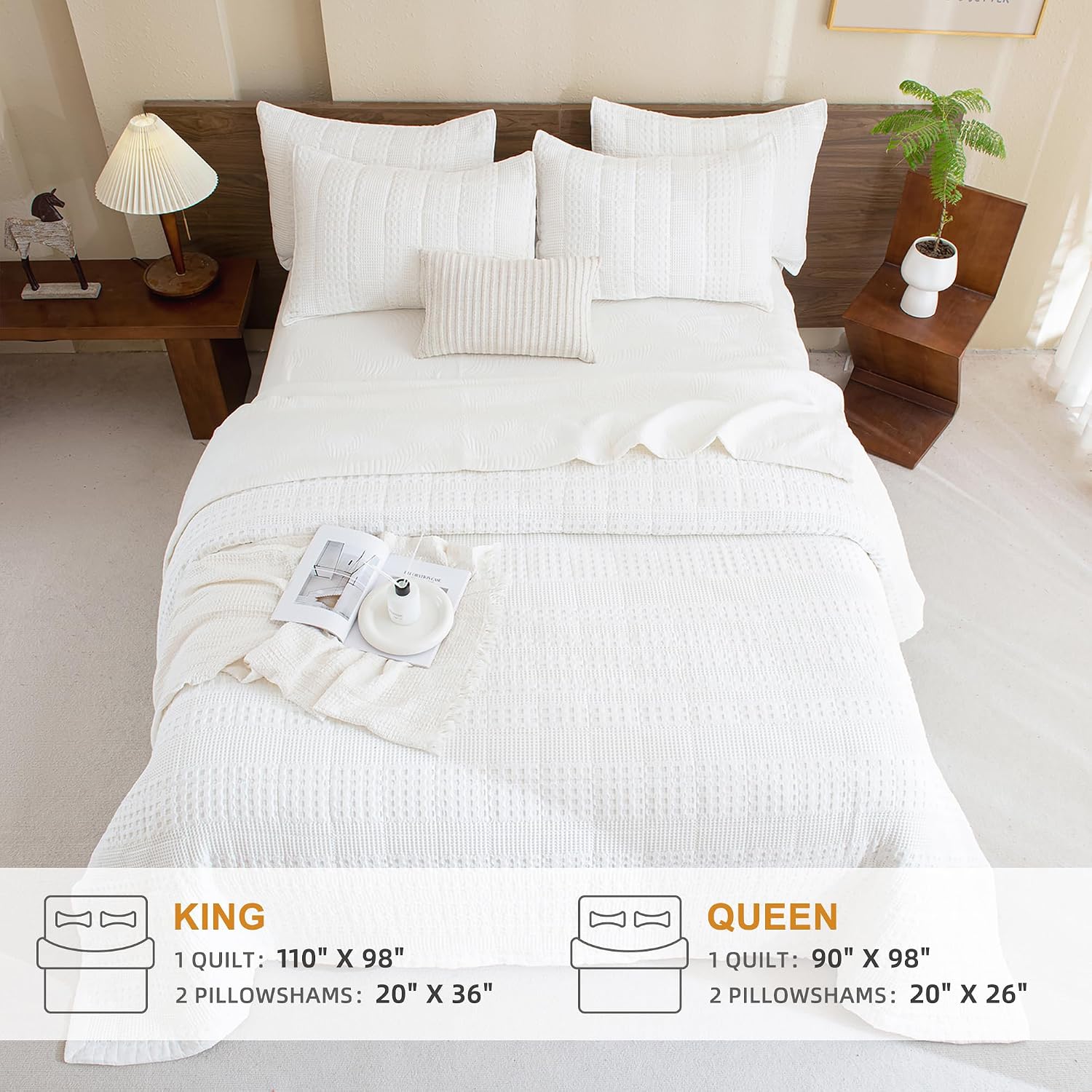 Sanracie Cotton Quilt King Size(110'x98'), White Waffle Quilted Bedspread Sets,3Pcs Farmhouse King Quilt Bedding Set, Ultra Soft Boho Coverlet Quilt Set Shabby Vintage Chic Bedding