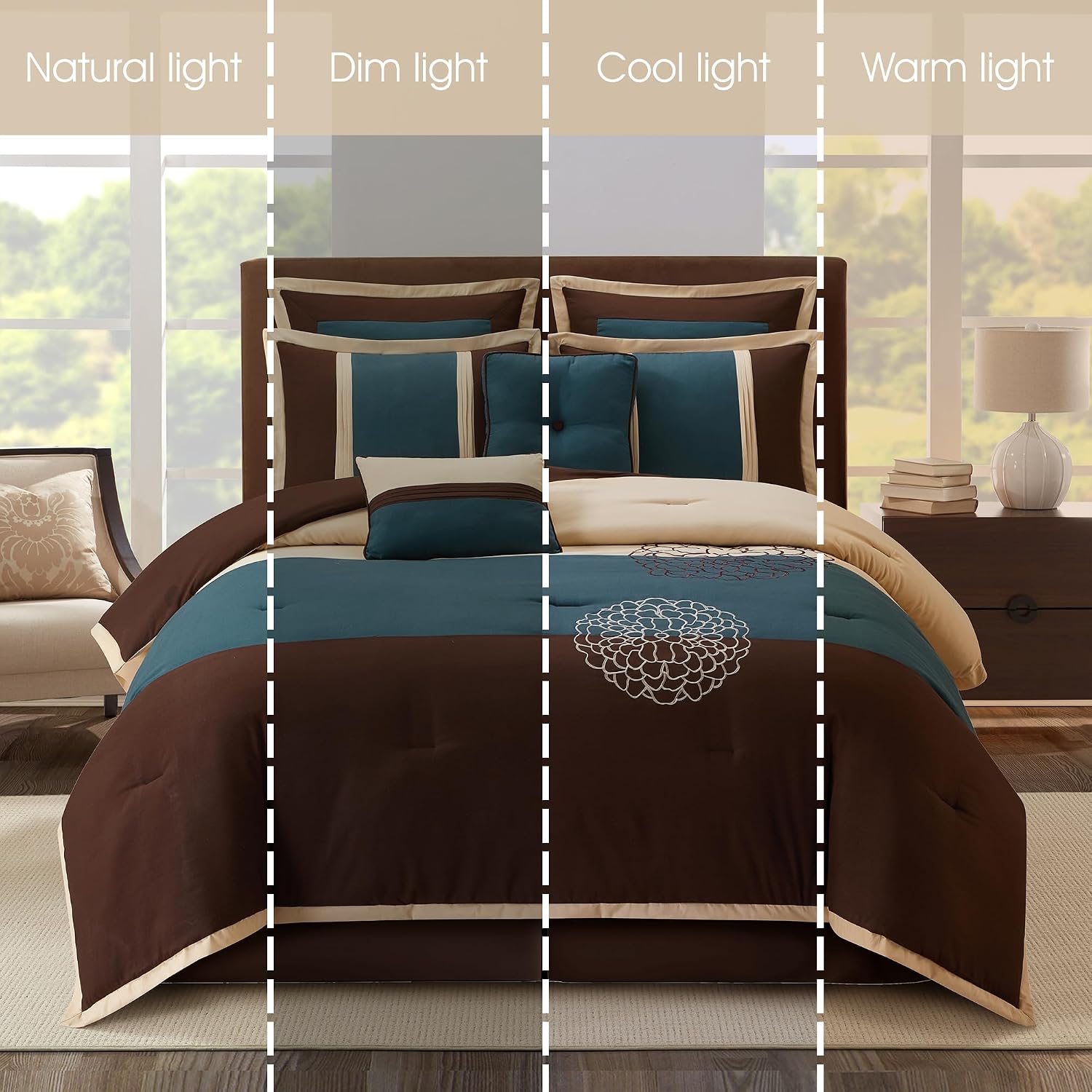 Grand Avenue Brown/Blue Cal King Comforter Set, 8 Piece, Ultra Soft, Premium Microfiber, Bedskirt, Pillows & Shams, Home Decor