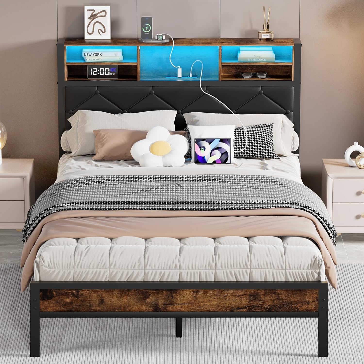 VECELO Full Size Bed Frame with Headboard & Footboard, Metal Platform Mattress Foundation, Led Lights and USB Charging Station, Storage, Noise Free, Easy Assembly, No Box Spring Needed, Vintage Brown