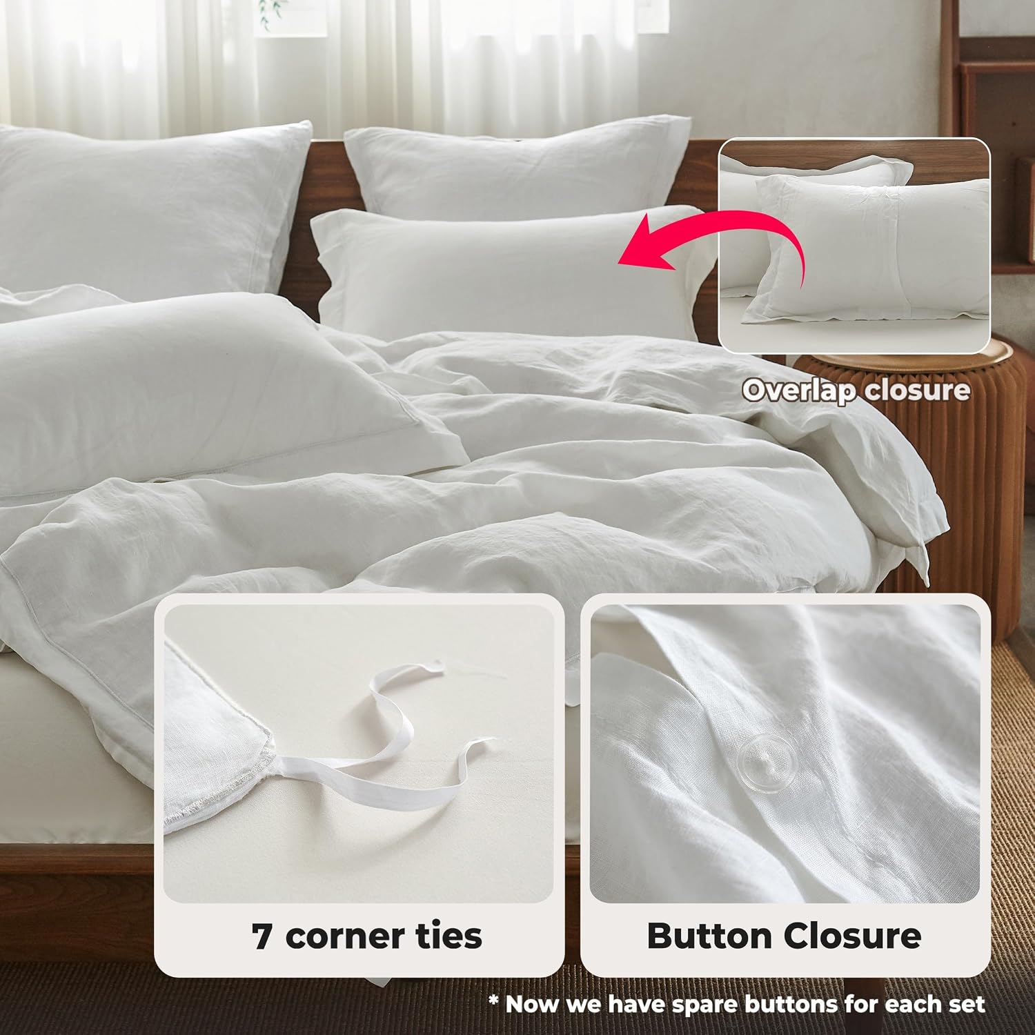 Simple&Opulence 100% Washed Linen Duvet Cover with Embroidered, 3 Pieces Soft Farmhouse Comforter Set with Button Closure,1 Duvet Cover and 2 Pillowshams(Queen, White)