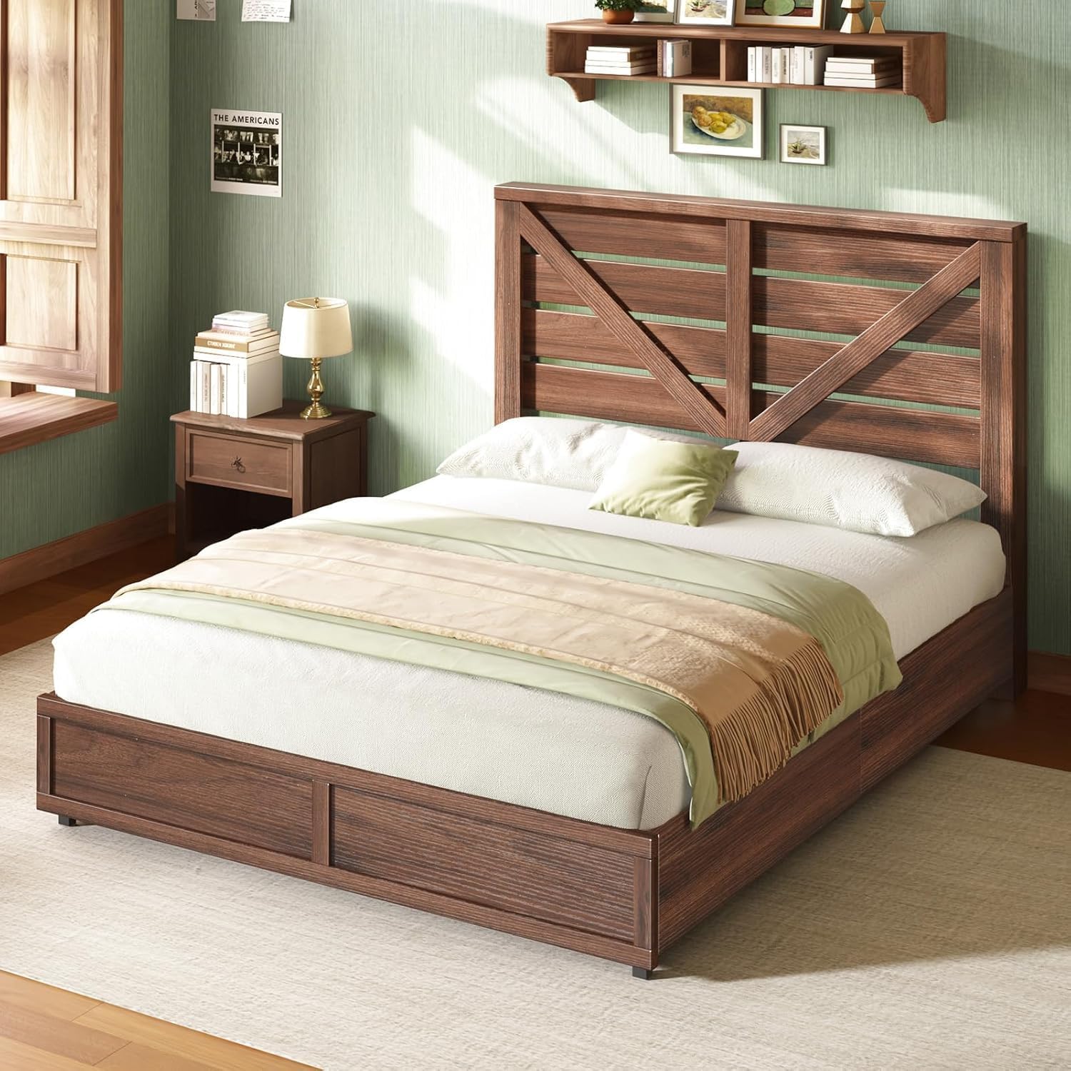 AMERLIFE Queen Size Farmhouse Bed Frame with 4 Drawers, Wooden Storage Bed Frame with Headboard and Heavy Duty Metal Slats, Noisy Free, Easy Assemble, Rusric Brown