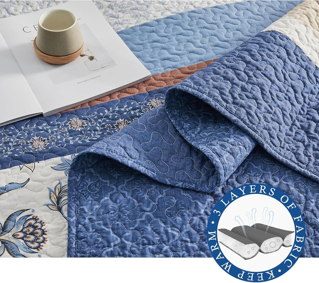 100% Cotton Oversized King Bedspread 128'x120' - Lightweight Vintage California Quilt with 2 Shams, Reversible Floral Striped Extra Wide Quilted Bedding Coverlet Set, Dark Blue/Brown/Cream