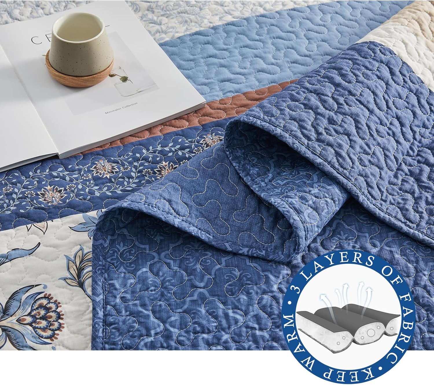 100% Cotton Oversized King Bedspread 128'x120' - Lightweight Vintage California Quilt with 2 Shams, Reversible Floral Striped Extra Wide Quilted Bedding Coverlet Set, Dark Blue/Brown/Cream