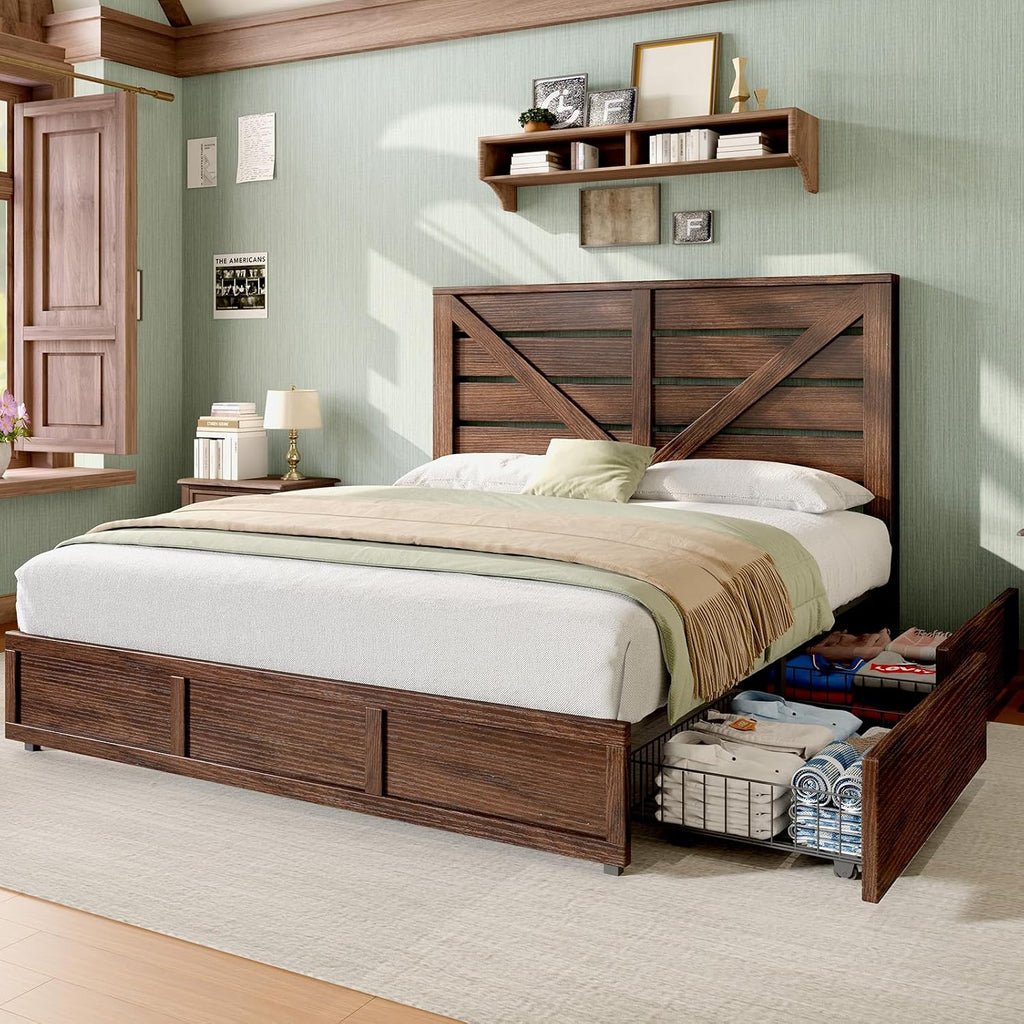 AMERLIFE King Size Farmhouse Bed Frame with 4 Drawers, Wooden Storage Bed Frame with Headboard and Heavy Duty Metal Slats, Noisy Free, Easy Assemble, Rusric Brown